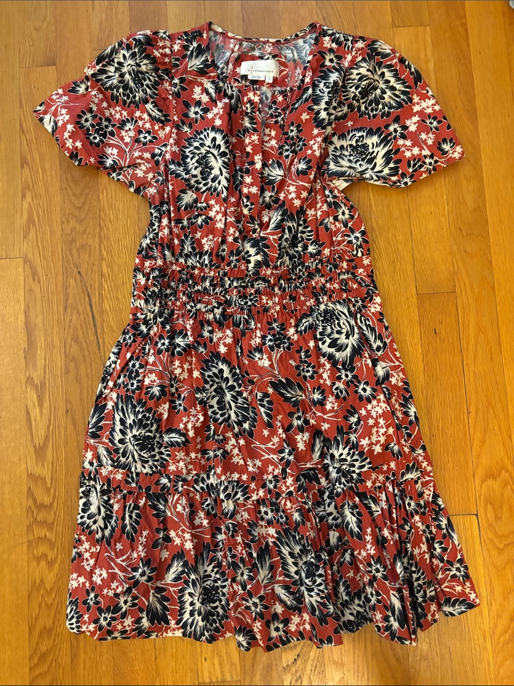 Anthropologie Rust Floral Smocked-Waist Tiered Dress